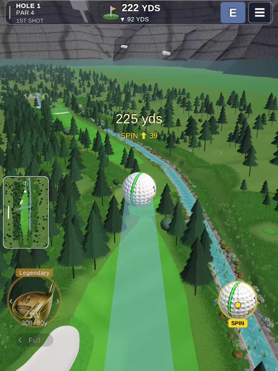 A drive in flight at Alpine Springs, with spin controls and a shot trail